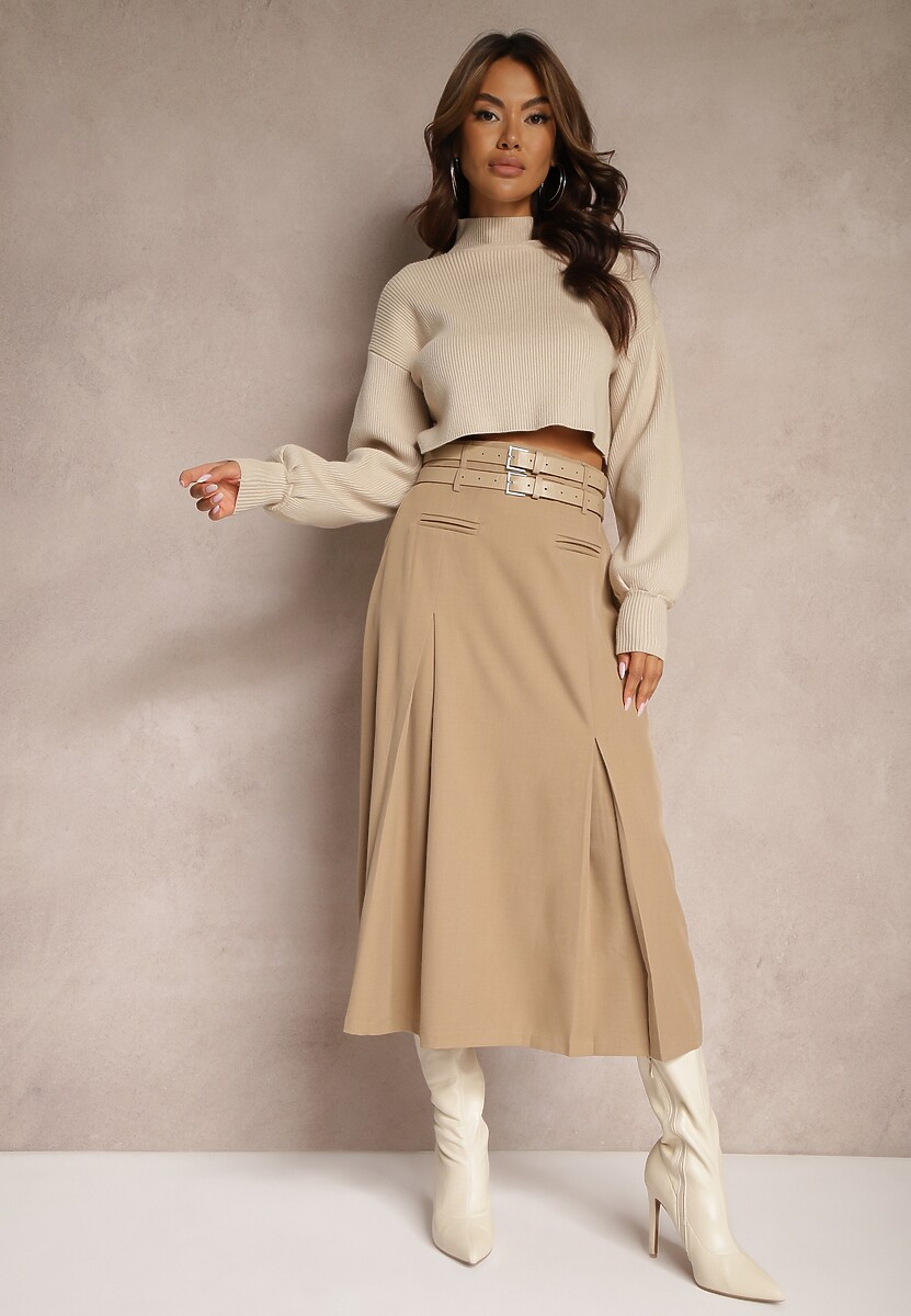 Beżowa Rozkloszowana Spódnica z Gumką w Pasie Wykończona Ozdobnymi Paskami Evirenie