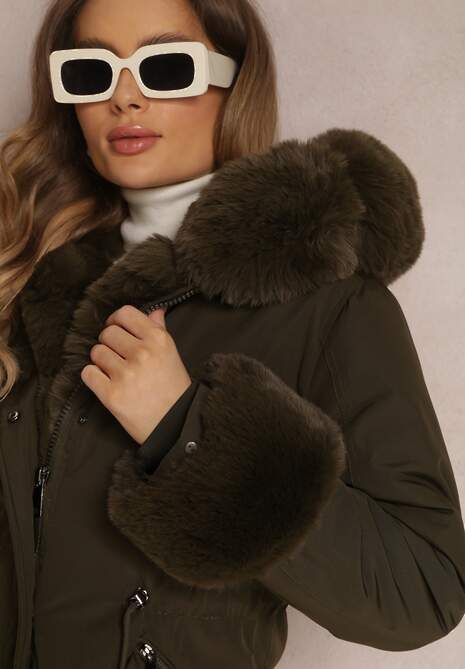 Ciemnozielona Kurtka Parka z Futerkiem i Szerokim Kapturem Florion