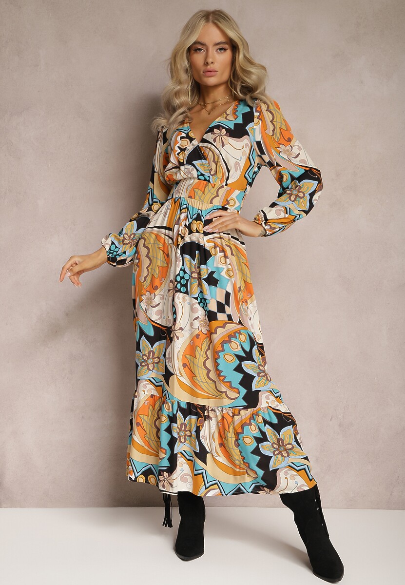 Beżowa Kopertowa Sukienka Maxi w Fantazyjny Nadruk Leanda