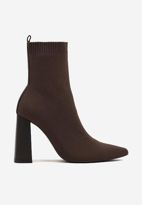 Brązowe Botki Vices na Geometrycznym Słupku ze Skarpetową Cholewką Falunelle