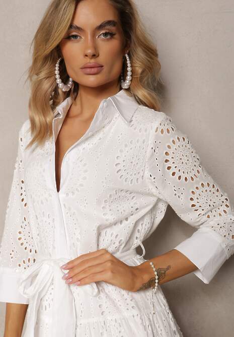 Biała Ażurowa Sukienka Koszulowa z Bawełnianej Tkaniny Felicema