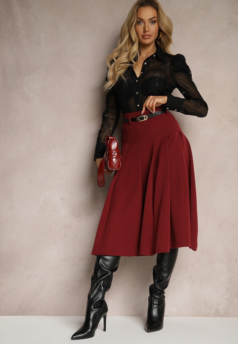 Szara Plisowana Spódnica z Wiskozą i Paskiem z Klamrą Delirrea