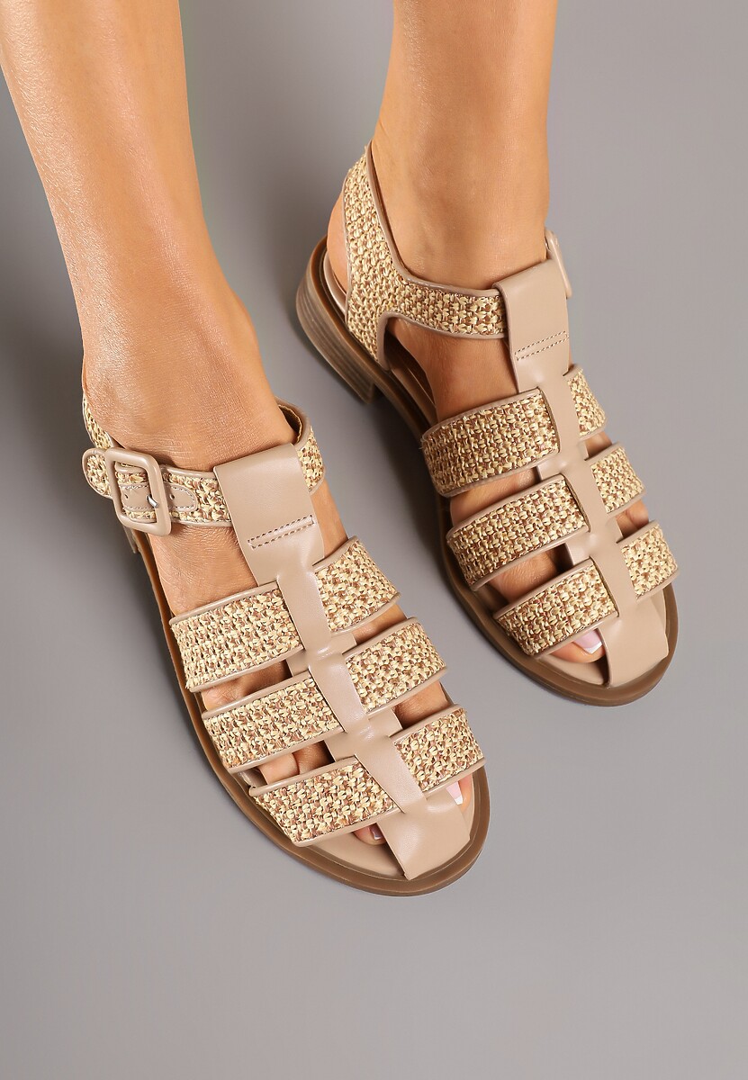 Ciemnobeżowe Sandały Ozdobione Plecionką Zapinane na Sprzączkę Liaseria