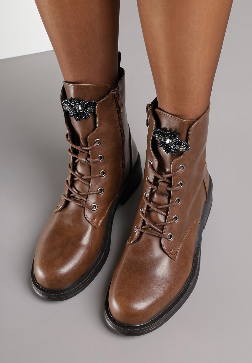 Brązowe Botki Workery ze Skóry Naturalnej z Aplikacją-Pszczołą z Cyrkonii Tevalra