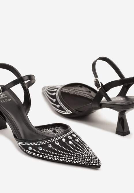 Czarne Sandały na Kaczuszce ze Szpiczastym Noskiem Zdobionym Cyrkoniami Adive