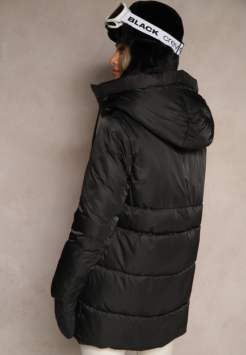 Czarna Pikowana Kurtka o Długim Kroju z Kapturem Toriola