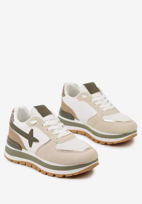 Beżowo-Zielone Sneakersy na Niskiej Platformie z Ozdobnymi Wstawkami na Cholewce Suno