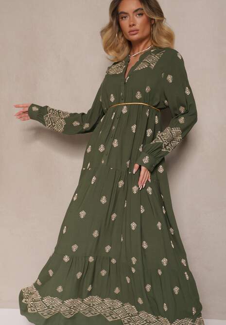 Ciemnozielona Rozkloszowana Sukienka Ozdobiona Haftem i Wzorem Boho Ronavere