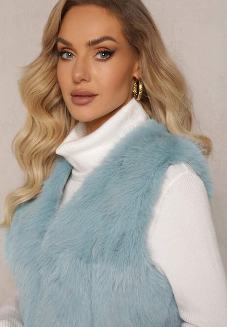 Niebieska Puchata Kamizelka z Futerka Ozdobiona Imitacją Skóry Tekllesa