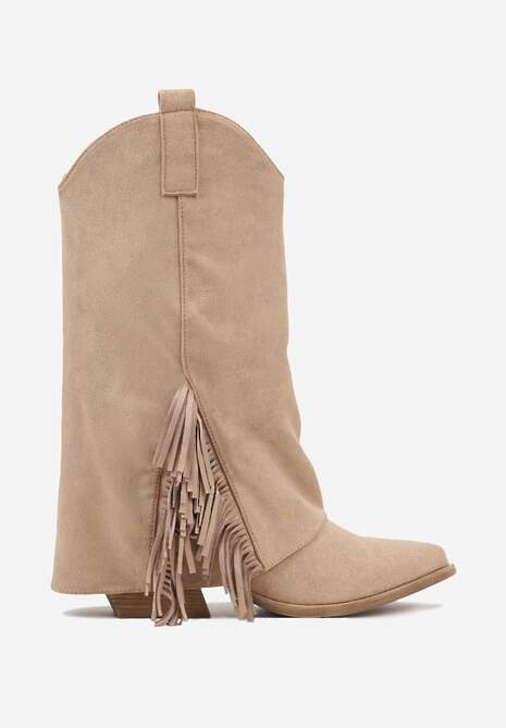 Ciemnobeżowe Botki Kowbojki na Stożku Ozdobione Frędzlami Reielle