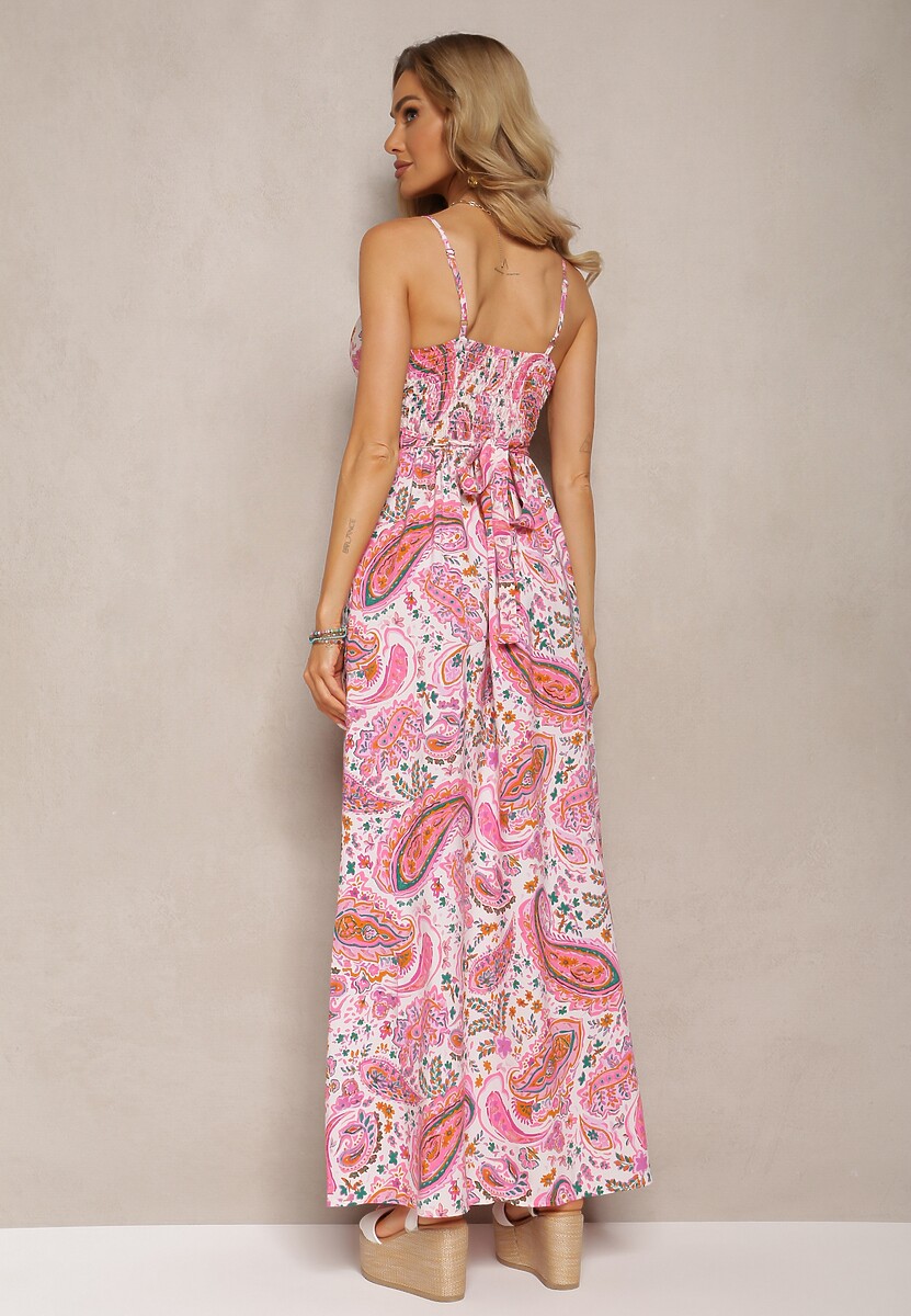 Różowa Rozkloszowana Sukienka na Lato Ozdobiona Printem Paisley z Kopertowym Dekoltem Dionita