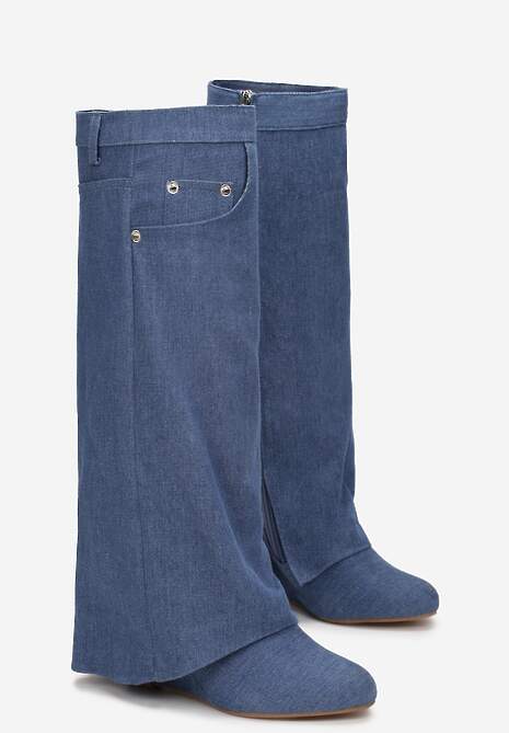 Niebieskie Kozaki z Wywiniętą Cholewką na Koturnie Maranele