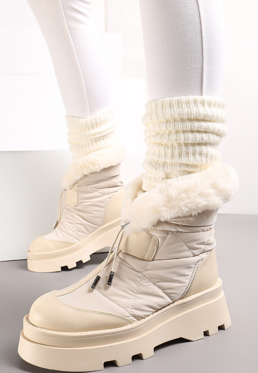 Beżowe Śniegowce z Futerkiem na Grubej Podeszwie ze Ściągaczem Azelma