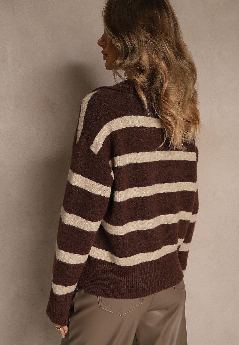 Brązowy Sweter z Wełną Zdobiony Kołnierzykiem i Wzorem w Paski Tevila