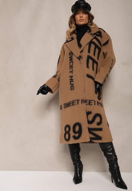 Ciemnobeżowy Luźny Płaszcz Wełniany w Ozdobny Nadruk Misganna