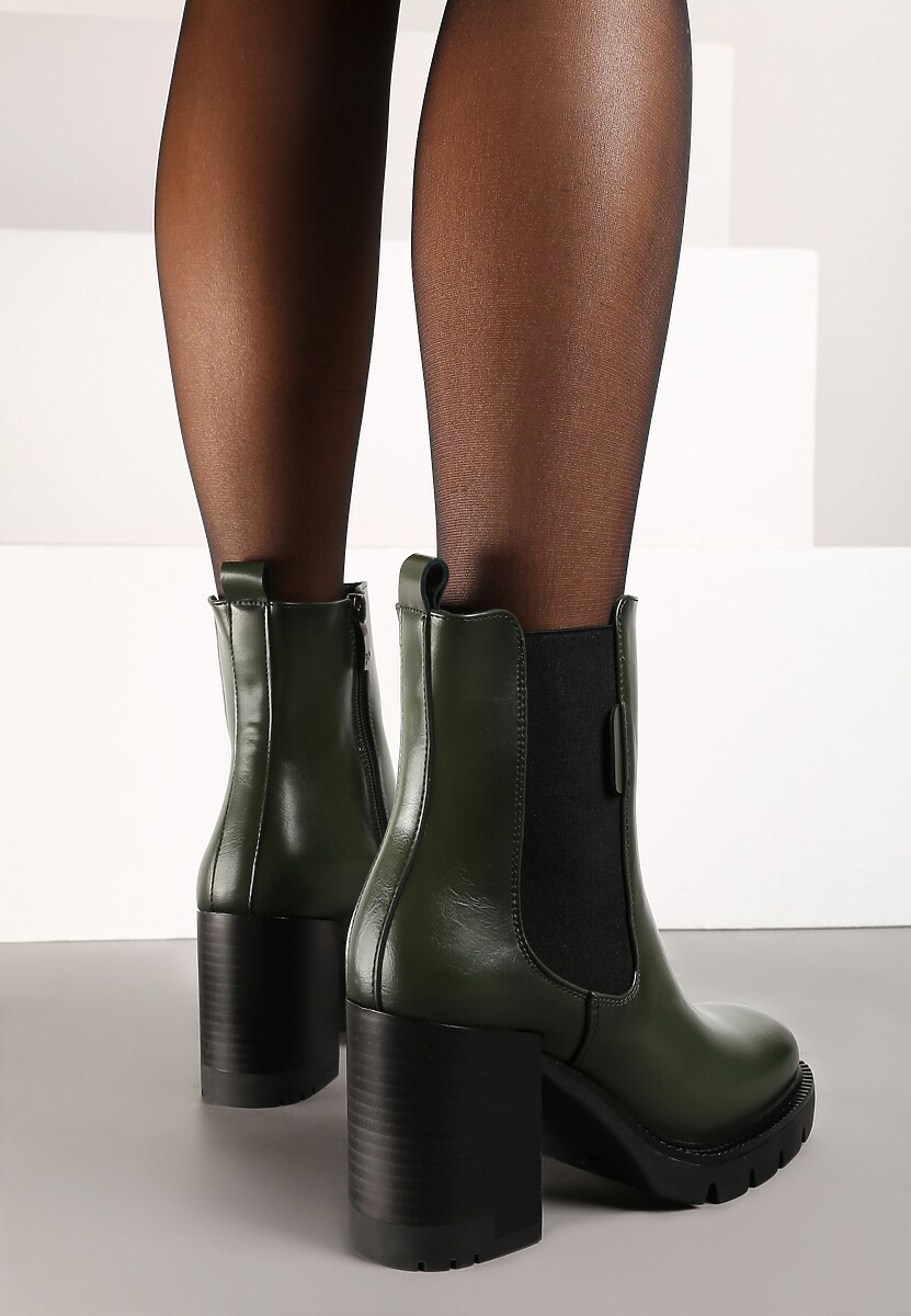 Zielone Botki na Słupku i Platformie w Stylu Sztybletów z Ociepleniem Rinbelle
