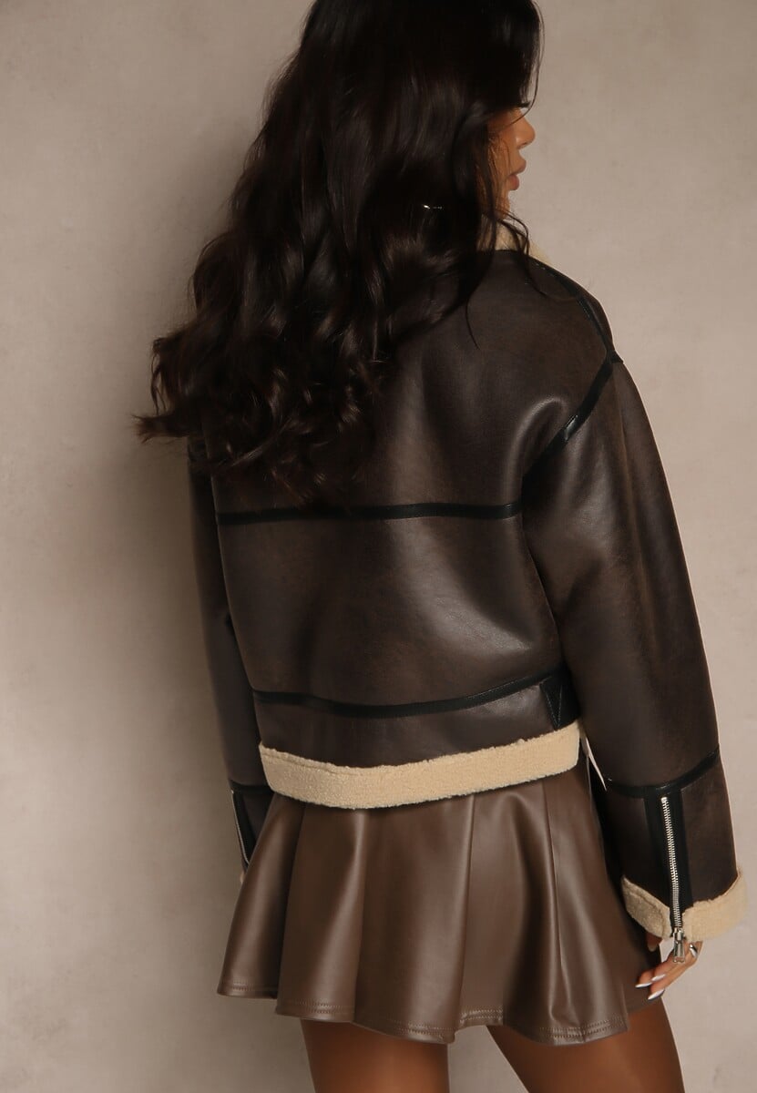 Brązowa Kurtka Biker Zdobiona Futerkiem i Paskiem ze Sprzączką Zenine