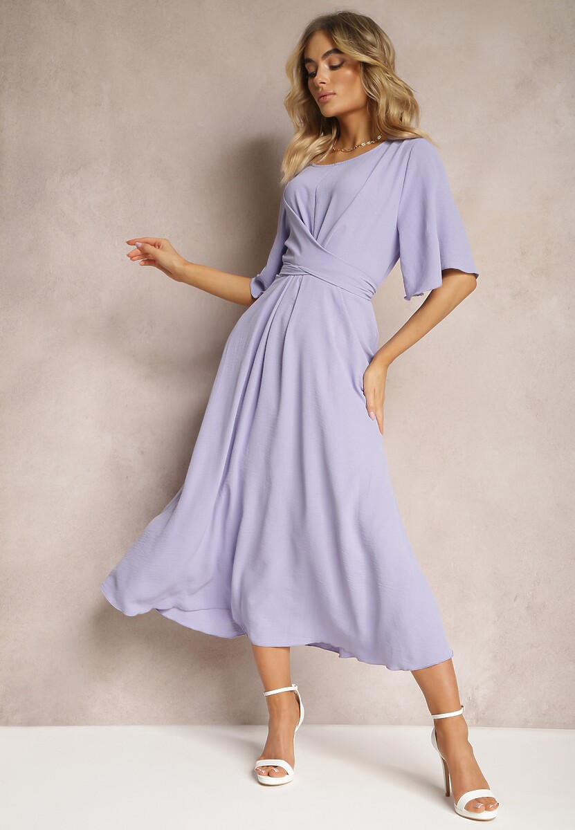 Jasnofioletowa Rozkloszowana Sukienka Maxi z Szerokim Rękawem i Gumką w Pasie Sador