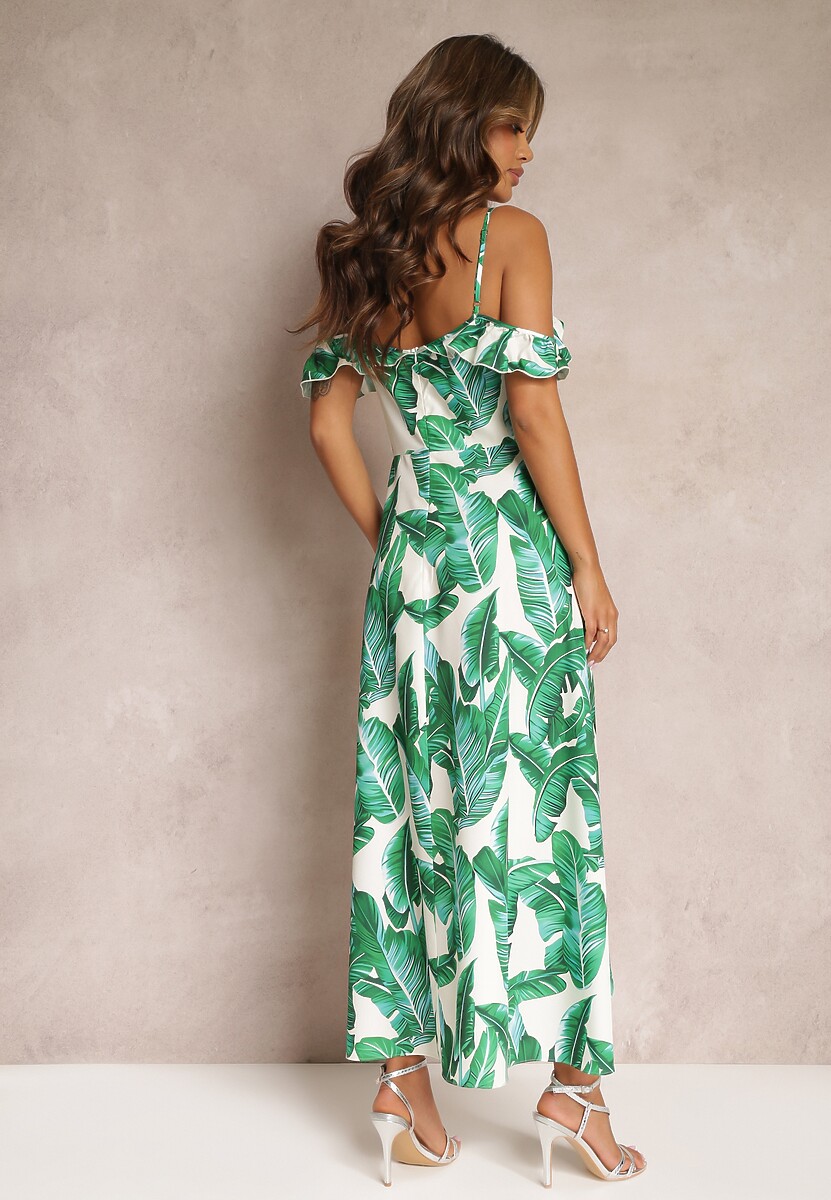 Zielona Sukienka z Opadającą Falbanką na Ramiona i Kopertowym Dołem Xandetria