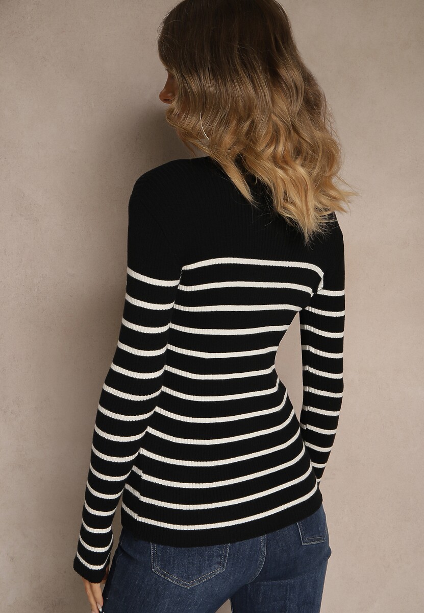 Czarna Bluzka z Bawełną z Motywem Pasków i Guzikami Serisse