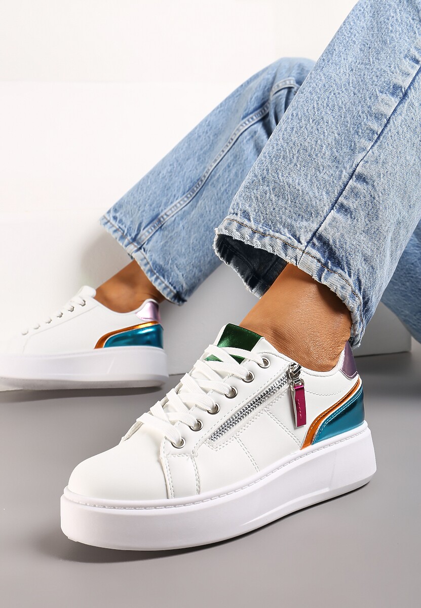 Biało-Niebieskie Sneakersy z Ozdobnym Suwakiem i Platformą Iolanna