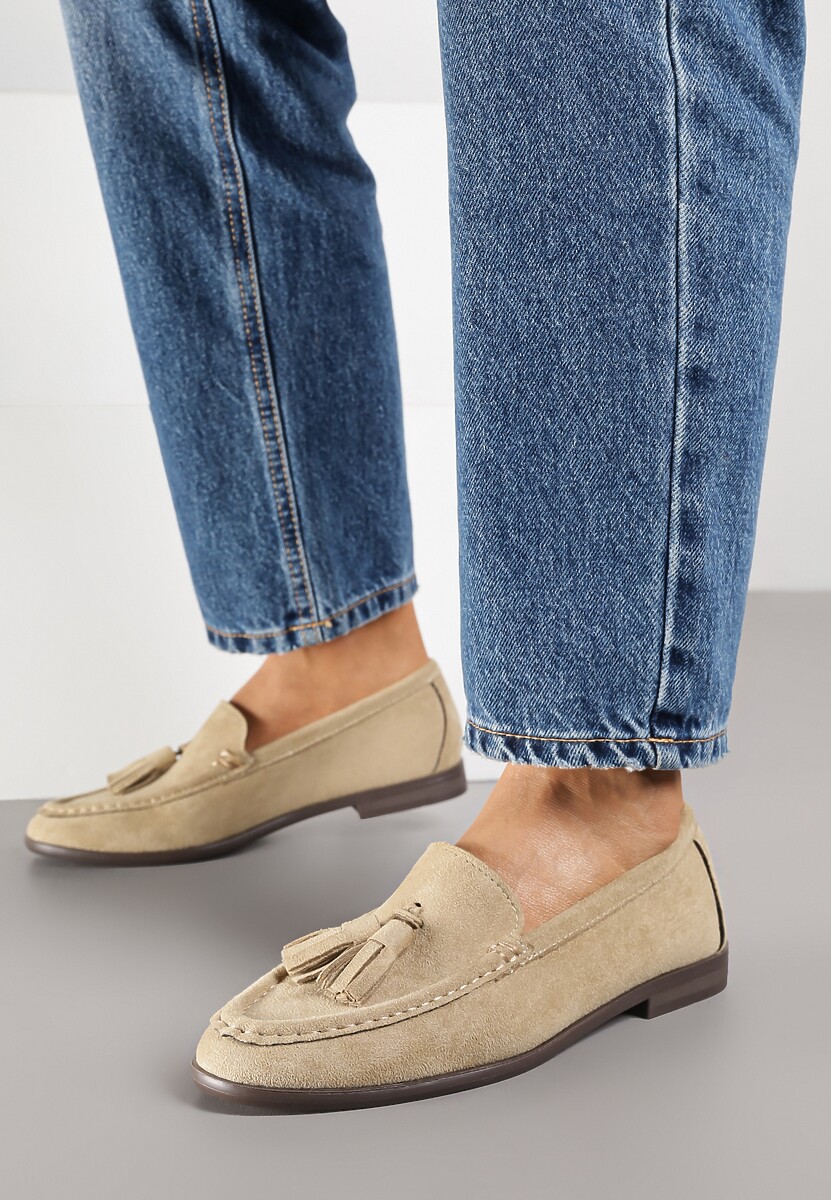 Ciemnobeżowe Mokasyny z Imitacji Zamszu z Aplikacją z Frędzlami Nalonissa