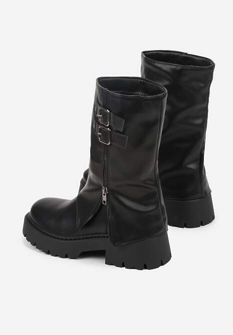 Czarne Botki Biker Boots VICES ze Sprzączkami i Cholewką Imitującą Nogawkę Anevita