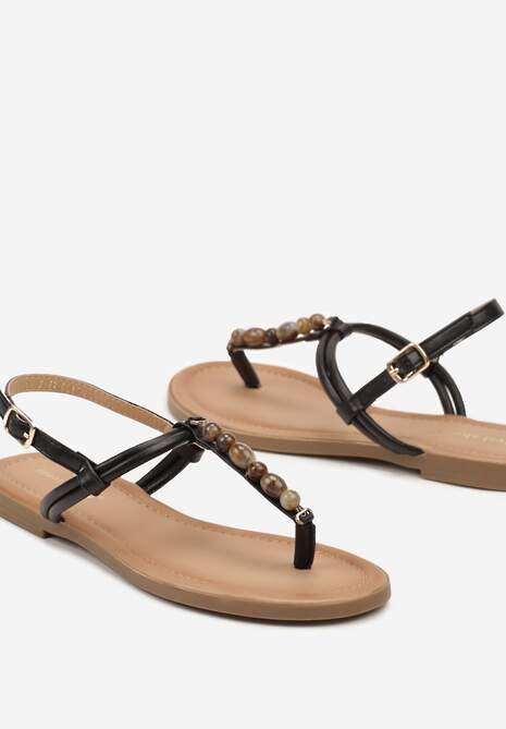 Czarne Sandały Typu Japonki Ozdobione Koralikami Vimathea