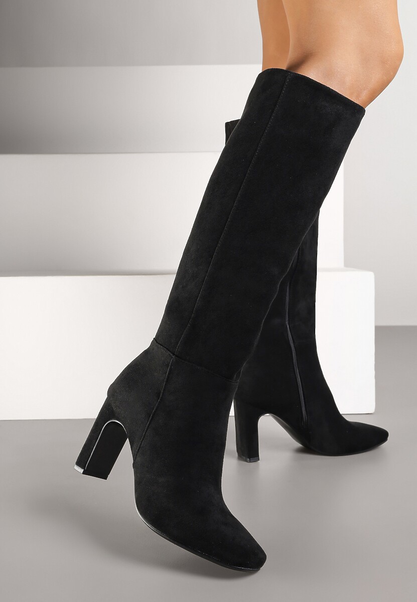 Czarne Klasyczne Kozaki z Imitacji Zamszu na Słupkowym Obcasie Miosa