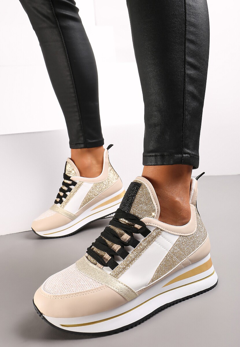 Czarne Płaskie Sneakersy na Grubej Podeszwie ze Sznurowaniem Ozdobione Brokatem Krisfina