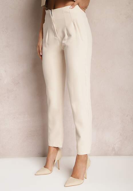 Jasnobeżowe Spodnie z Prostymi Nogawkami i Imitacją Kieszeni Viarvi