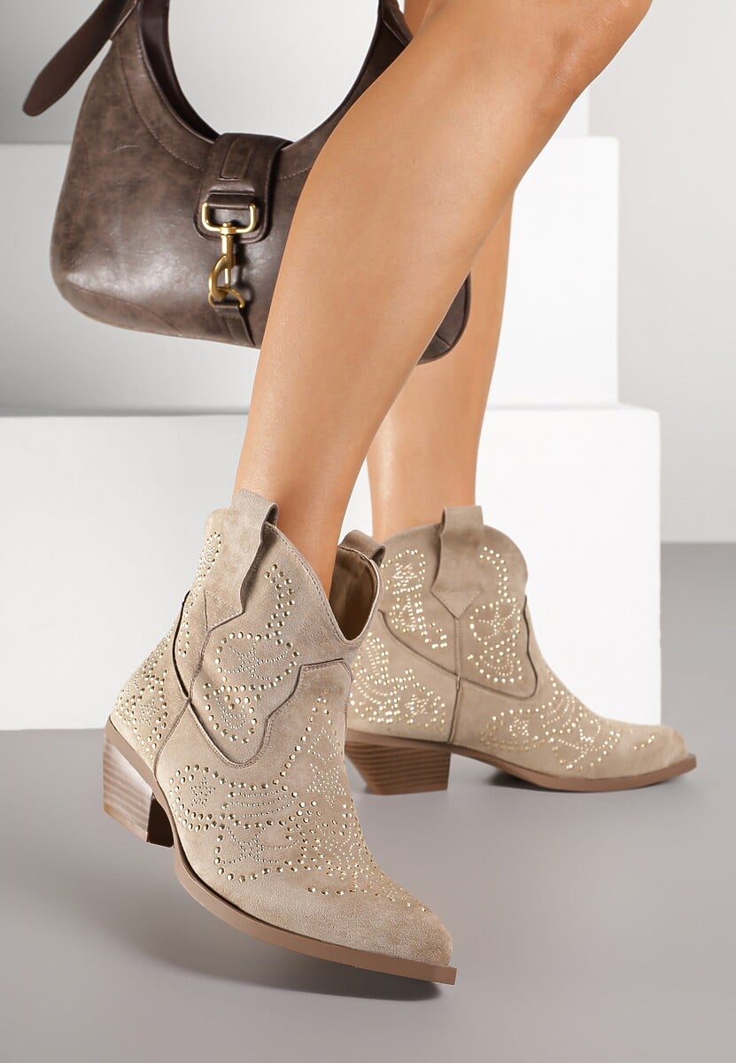 Ciemnobeżowe Krótkie Botki Typu Kowboki z Cyrkoniowym Zdobieniem Lalare