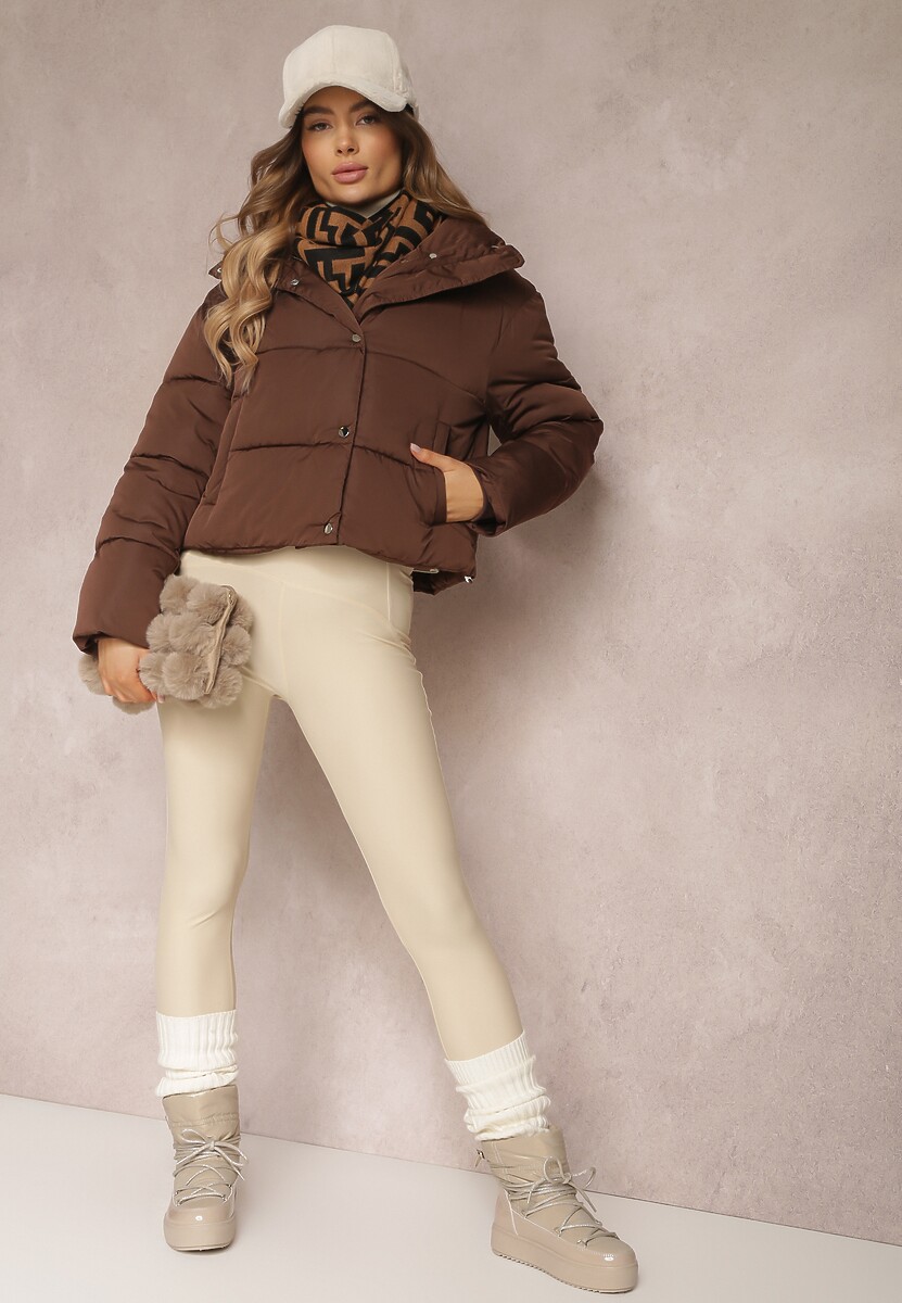 Ciemnobrązowa Kurtka Puffer Pikowana ze Stójką Maymie