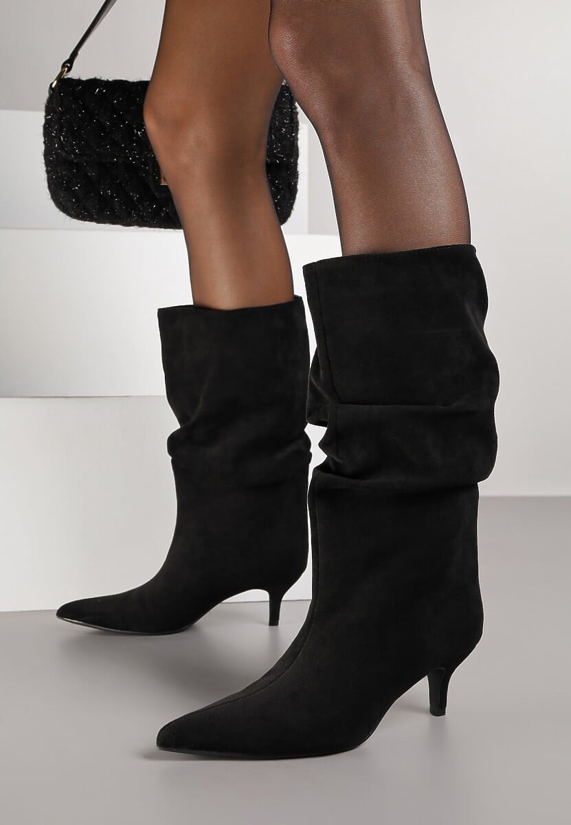 Czarne Botki na Kaczuszce z Marszczoną Cholewką Nalorena