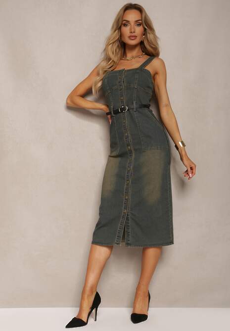 Granatowa Jeansowa Sukienka na Ramiączkach Zapinana na Napy z Paskiem z Imitacji Skóry Wemia