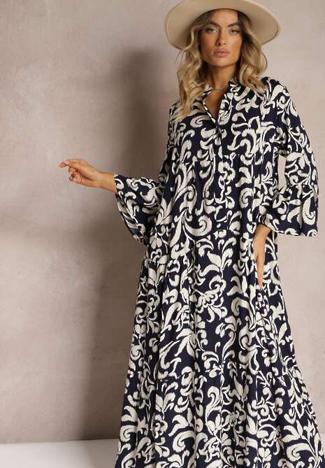 Granatowa Rozkloszowana Sukienka z Wiskozy w Ornamentalny Wzór Irlilena