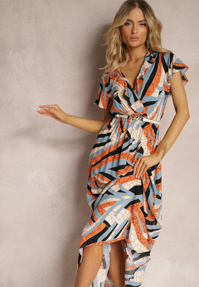 Pomarańczowa Rozkloszowana Sukienka z Wiskozy z Gumką w Talii i Abstrakcyjnym Wzorem  Pairella