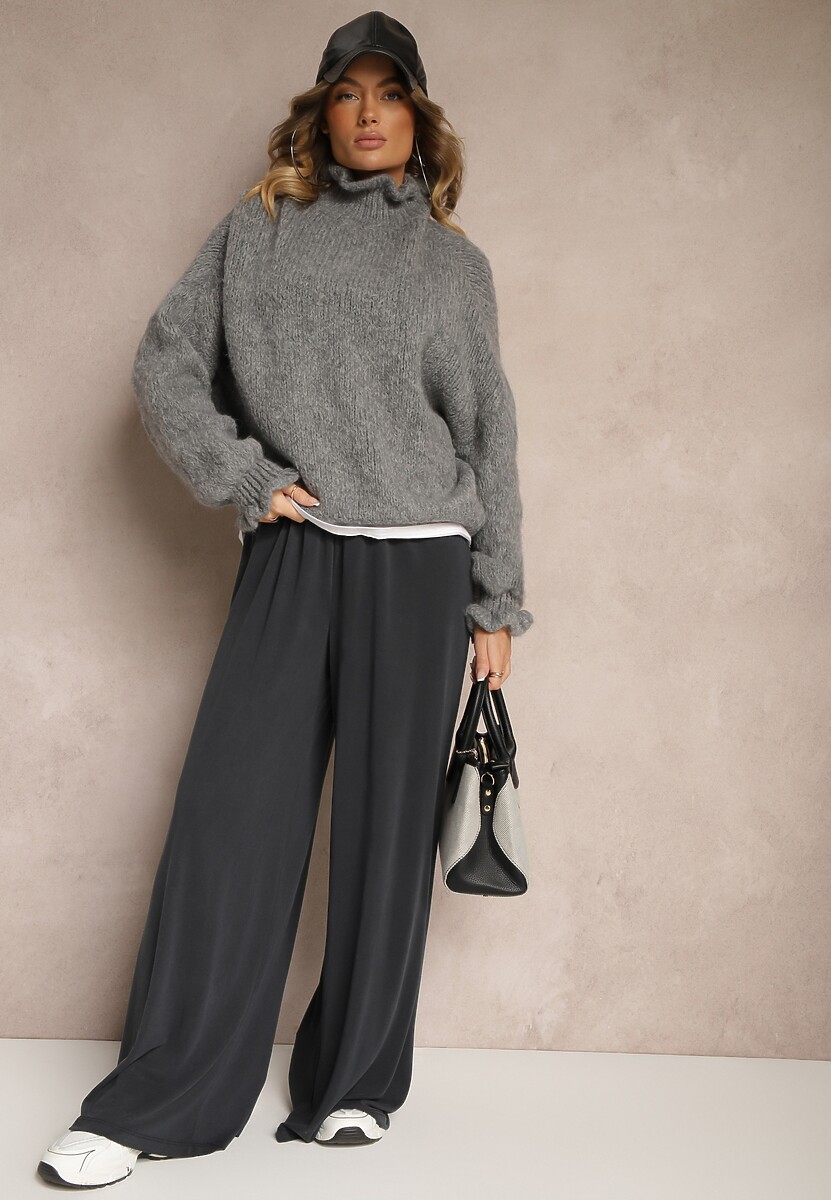 Granatowe Szerokie Spodnie High Waist z Gumką w Talii Dimoris