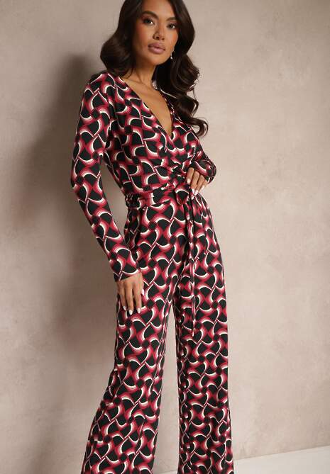 Bordowy Kopertowy Kombinezon z Wiskozą z Szerokimi Nogawkami i Paskiem w Geometryczny Wzór Botavia