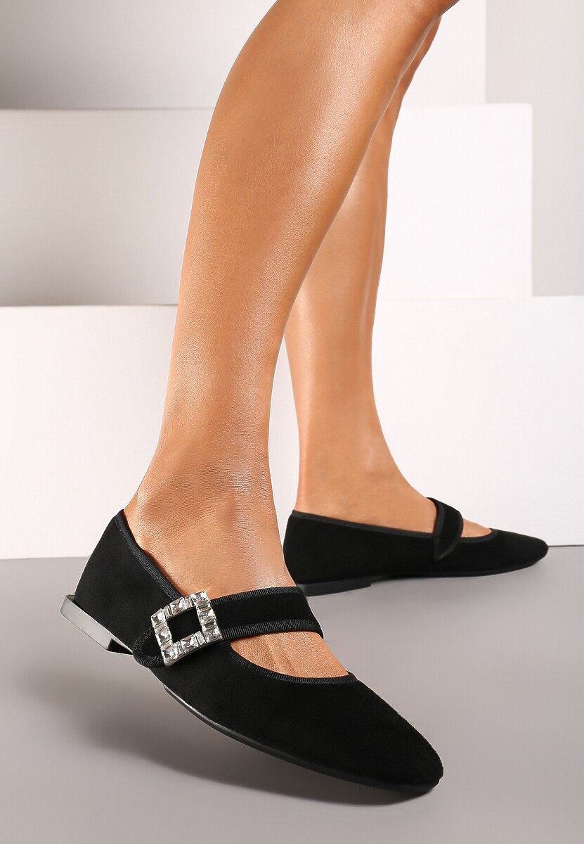 Czarne Balerinki na Płaskiej Podeszwie Zapinane na Rzep z Cyrkoniową Klamrą Evalitha