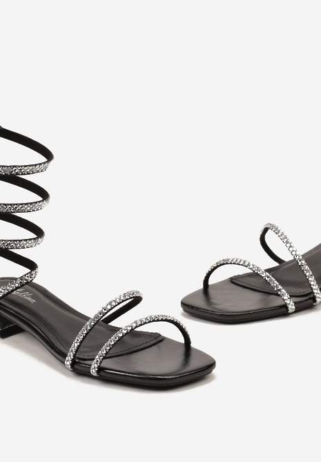 Czarne Sandały z Kryształkami na Płaskim Obcasie z Elastycznymi Paskami z Cyrkoniami Darniafa