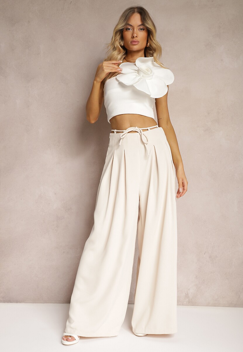 Różowe Szerokie Spodnie High Waist Zapinane na Suwak z Wiązaniem w Talii Vikonnia