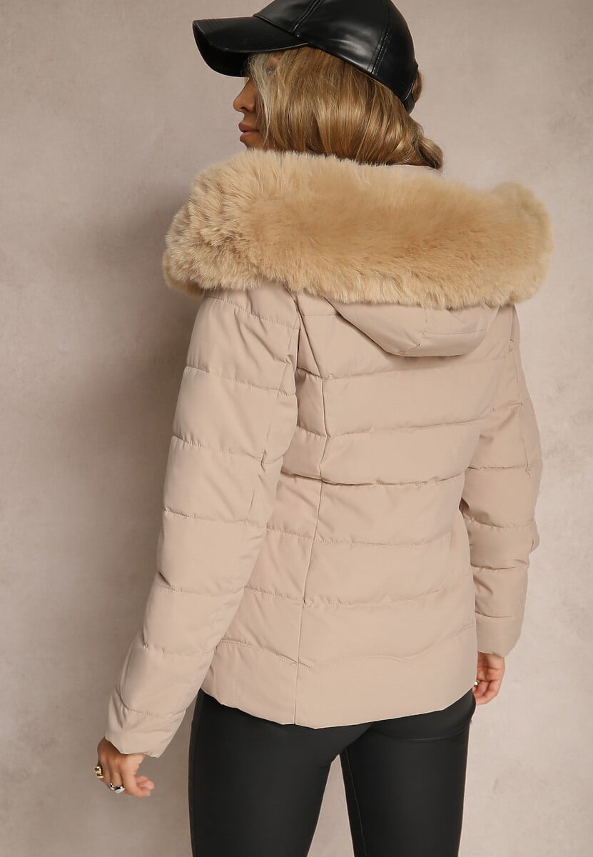 Ciemnobeżowa Pikowana Kurtka Mocno Ocieplana z Odpinanym Kapturem z Futrzanym Wykończeniem Nealith