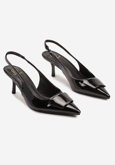 Czarne Lakierowane Sandały Typu Slingback na Szpilce Kalivan