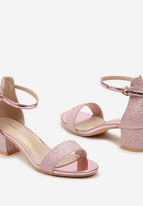 Różowe Brokatowe Sandały na Słupku Zapinane Wokół Kostki Viatera