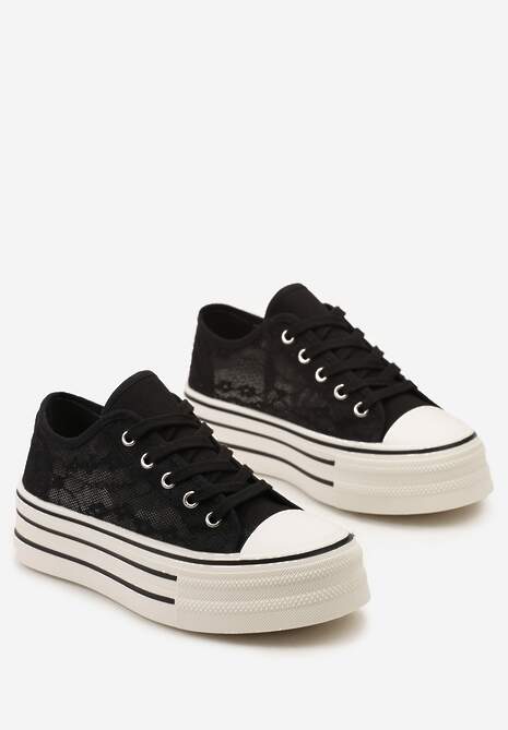 Czarne Koronkowe Trampki Przed Kostkę na Platformie Lilama