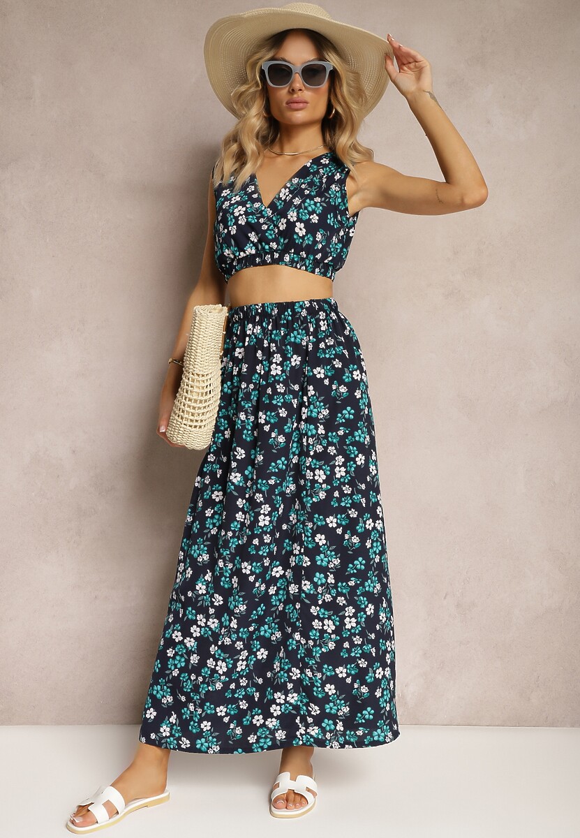 Granatowo-Zielony Komplet Dwucześciowy Top bez Rękawów Spódnica z Gumką w Talii w Kwiaty Dimanisa