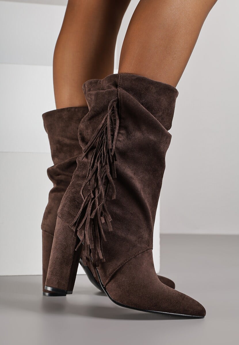 Brązowe Botki Kowbojki na Słupku z Frędzlami Reisetia