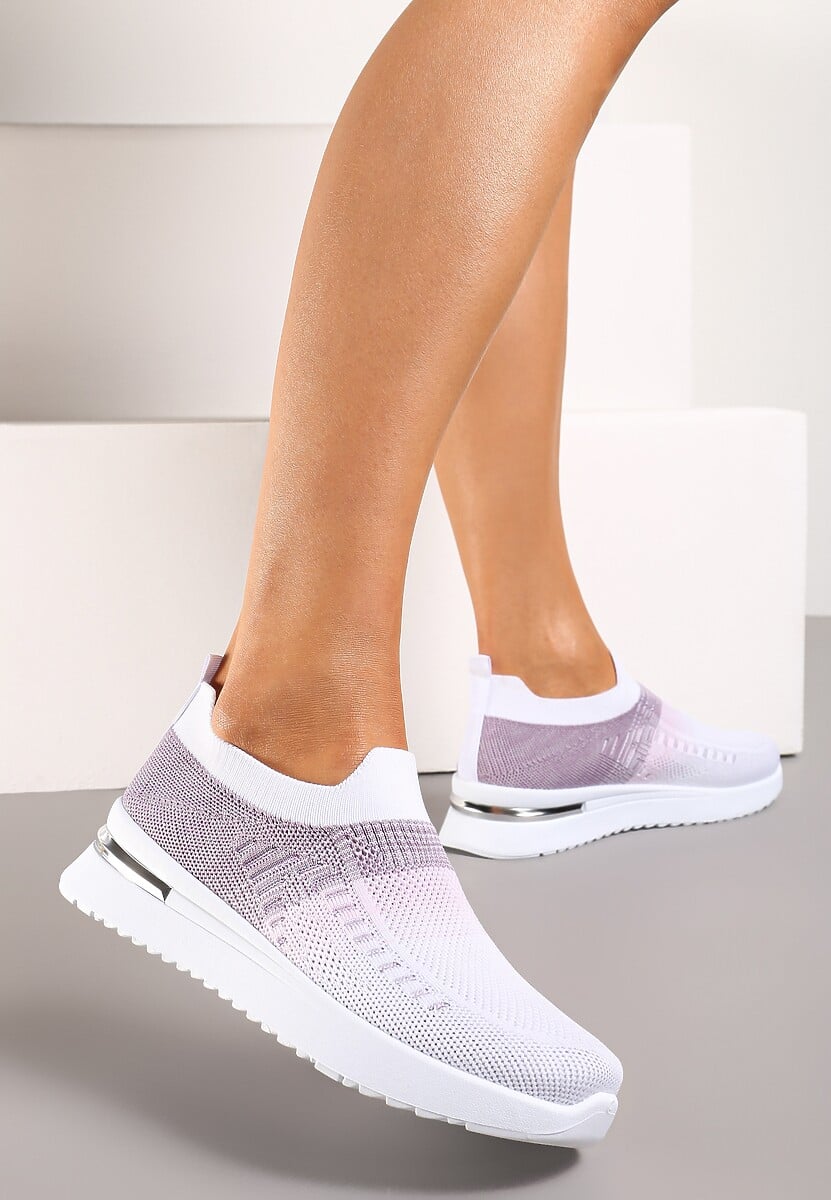 Biało-Fioletowe Buty Sportowe z Nadrukiem Obmre i Skarpetkową Cholewką Erinevia
