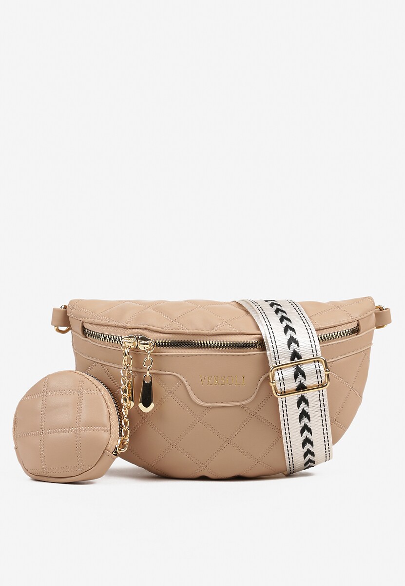 Beżowa Nerka Tłoczona Ozdobiona z Portmonetką i Napisem Ananne